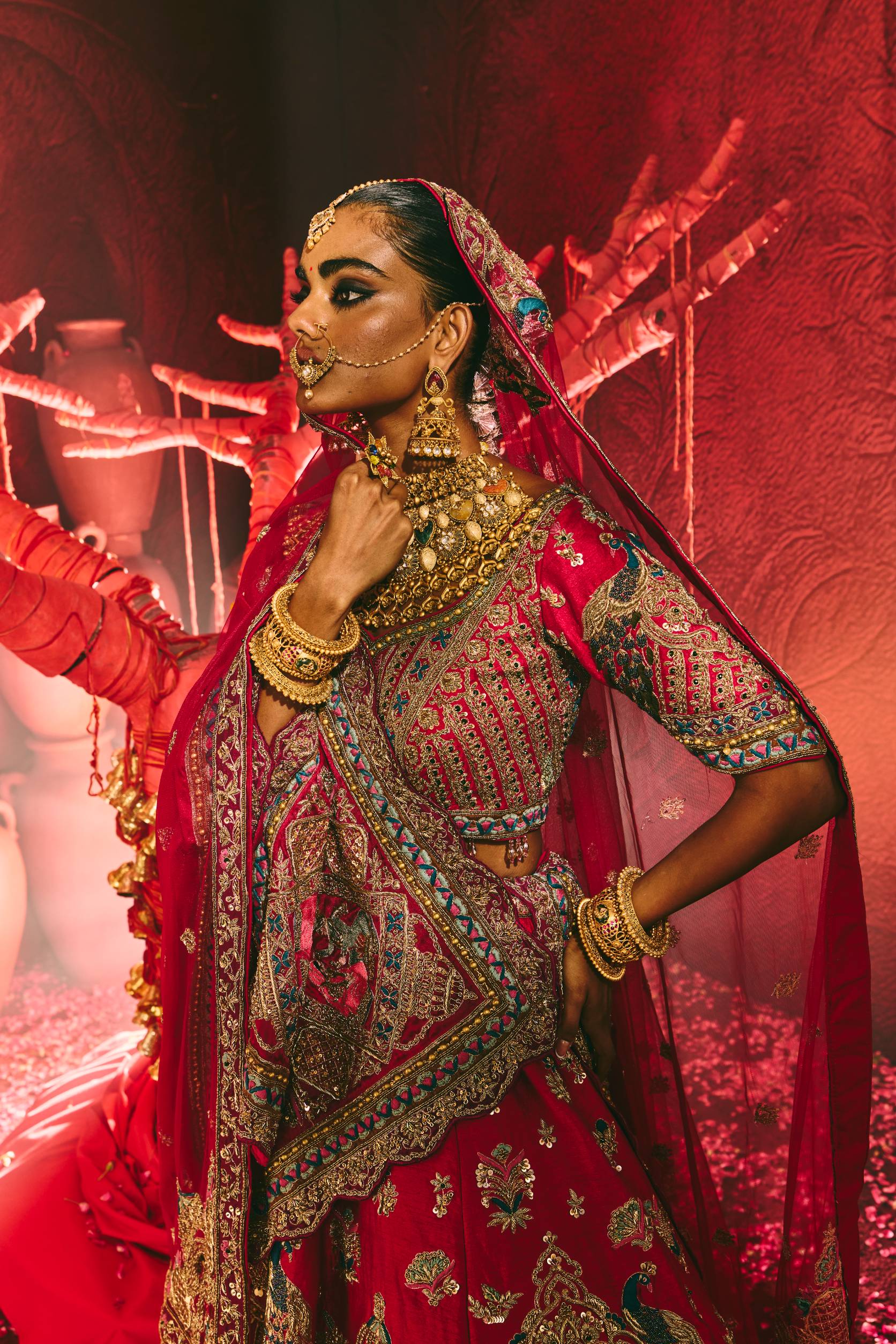 Red Lehenga with Rani Pink Dupatta